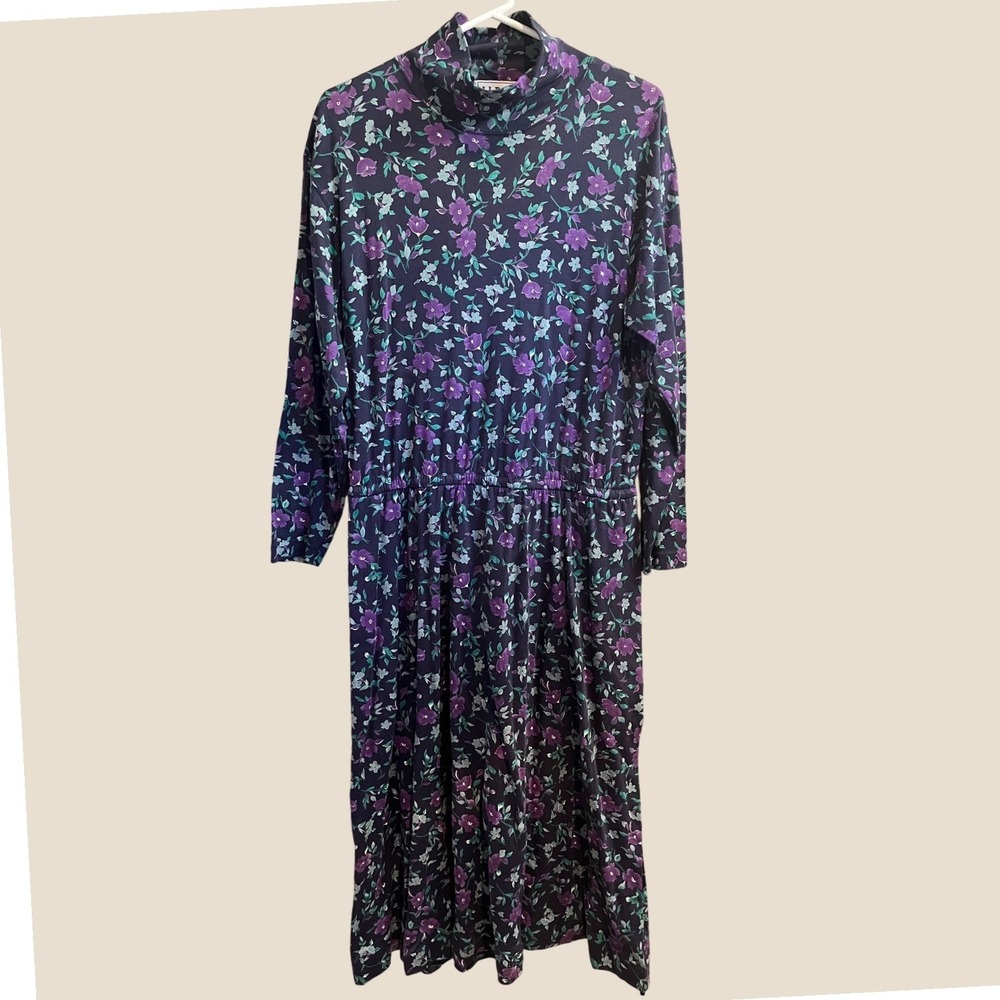 L.L. Bean Dress Womens Medium Blue Purple Floral 90s Vintage Elastic Waist